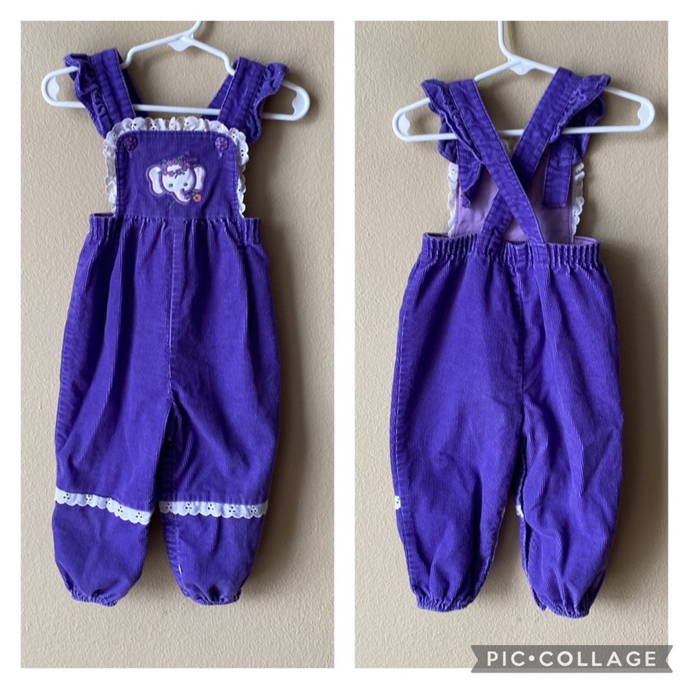 Vintage 70s Little Ones purple corduroy overall with embroidered elephant 18mo